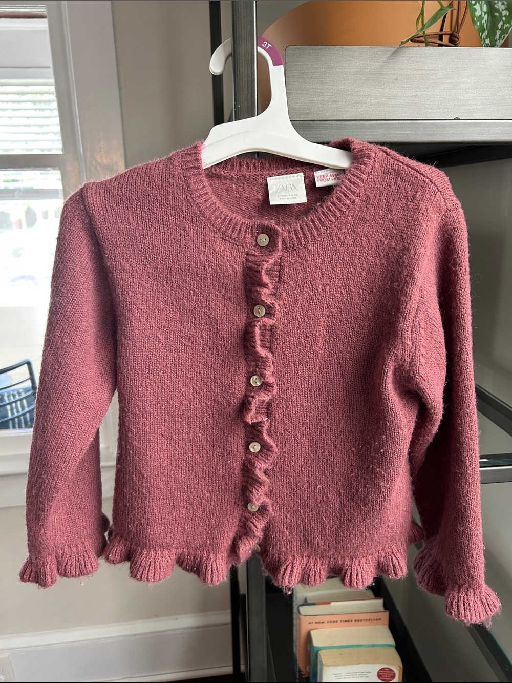Zara Dusty Rose Ruffle-Trim Button Cardigan